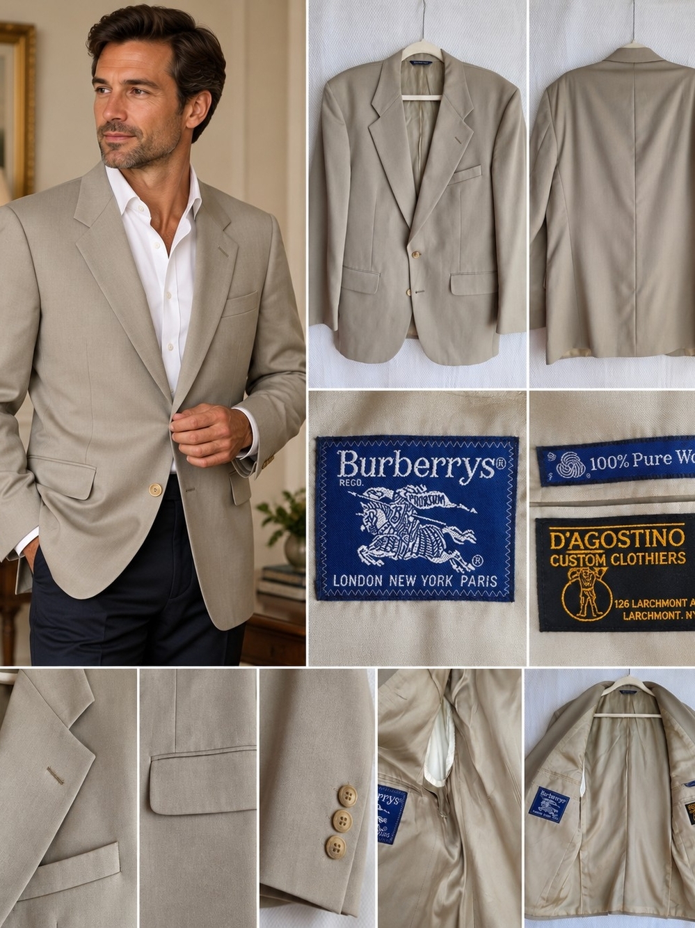 Vintage Burberrys Men’s Wool Blazer 46R Beige Tan Made in USA
